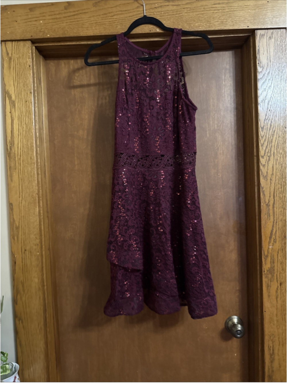 By & By Juniors Formal Dress - Size 13 - Dark Cranberry With Lace & Sequins